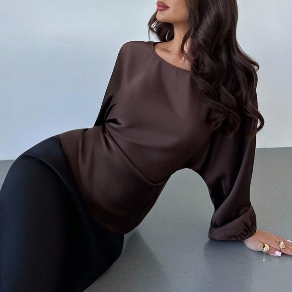 Brown Elegant Women's Romantic Coffee Round Neck blouse - Picture 7 of 7